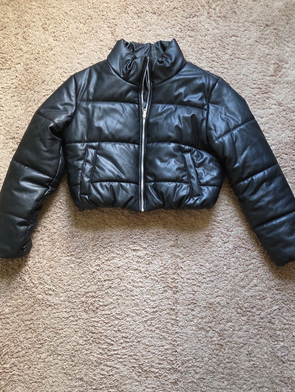 Ambiance Black Faux Leather Cropped Puffer Jacket